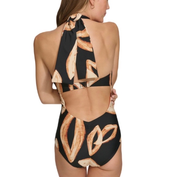 DKNY Women's Standard Halter Ring Painted Leaf One Piece Swimsuit Small - Picture 2 of 7